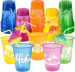 50Hawaiian Luau Party Decorations Cups With Parasol Straws 16OZ Disposable Party