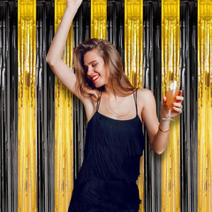 4 Pack Black and Gold Foil Fringe Backdrop Curtains, Tinsel Streamers Birthday P