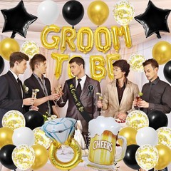 Gold Bachelor Party Decorations, Groom To Be Banner, Satin Sash & Badge, Wedding