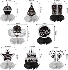 8Pcs Black White Silver Birthday Decorations Honeycomb Centerpieces for Women Me