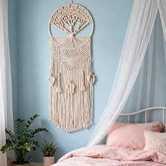 White Bohemian Dreamcatcher Tapestry Handwoven Cotton Wall Hanging 30x90cm