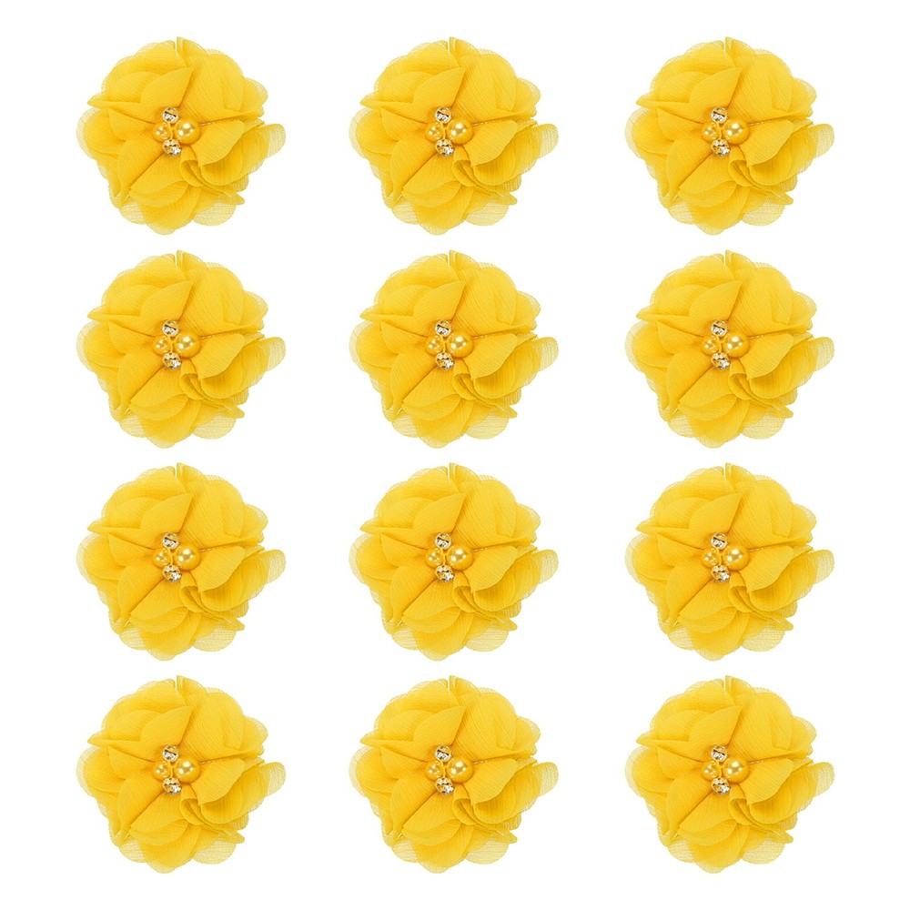 12Pcs 2″ Chiffon Flowers with Rhinestone Pearl Sewing Fabric Flowers, Yellow