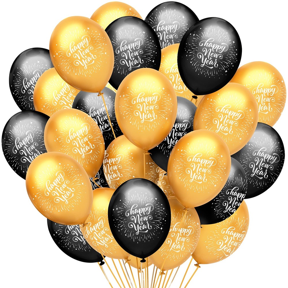 , Black and Gold New Year Balloons 2026 – Pack of 50 | Happy New Year Latex B…