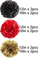 Elegant 12-Piece Black, Red & Gold Paper Pom Poms for Weddings & Celebrations