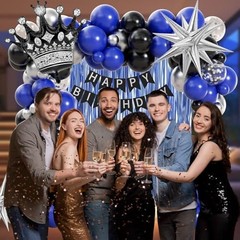 Birthday Decorations for Men with Black Metallic Silver Navy Blue Balloons Banne