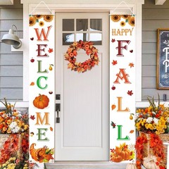 Happy Fall Decorations Pumpkin Maple Leaves Welcome Door Banner Porch Sign 12×72