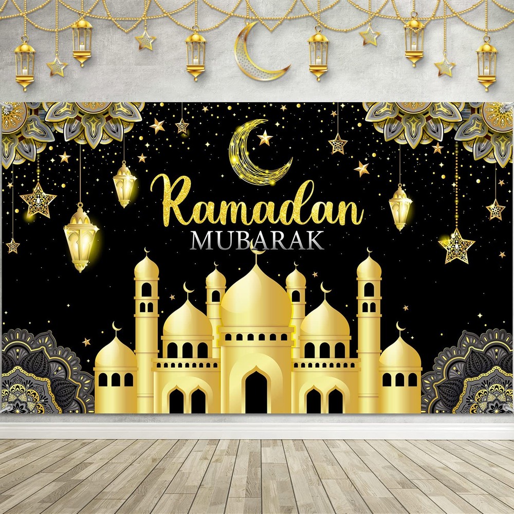 Boyiee Ramadan Mubarak Decorations Backdrop Banner Muslim One Size, Black
