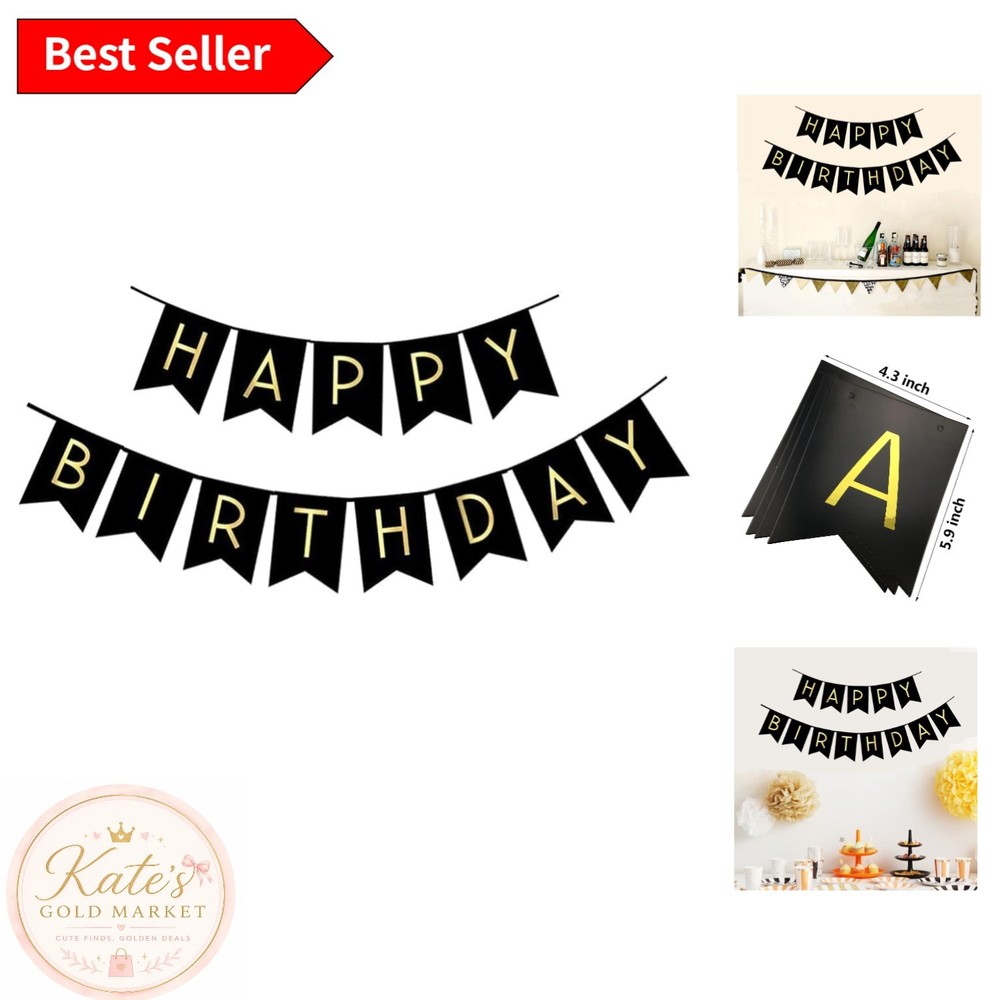 Luxurious Eco-Friendly Black Birthday Banner with Shiny Gold Letters – 15 Pieces