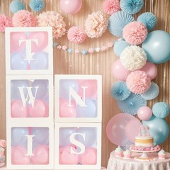 White TWINS Balloons Boxes with 5 PCS Clear Balloon Boxes and 5pcs Letters fo…