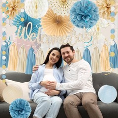 Light-Dusty Blue Boho Baby Shower Party-Decorations Beige Champagne Boy Neutr…