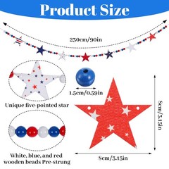 4th of July Decorations 7.54 FT Patriotic Wooden Beads Garland with Star-Shap…