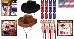 Deluxe Cowboy Party Hat Set Paisley Bandanas Inflatable Stick Horse Adult Kids