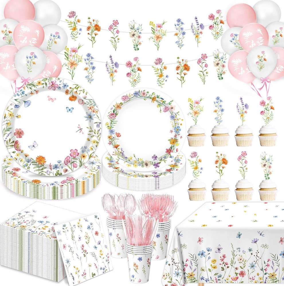 LINHAXM 175 PCS Spring Wildflower Party Decorations include Pink, White