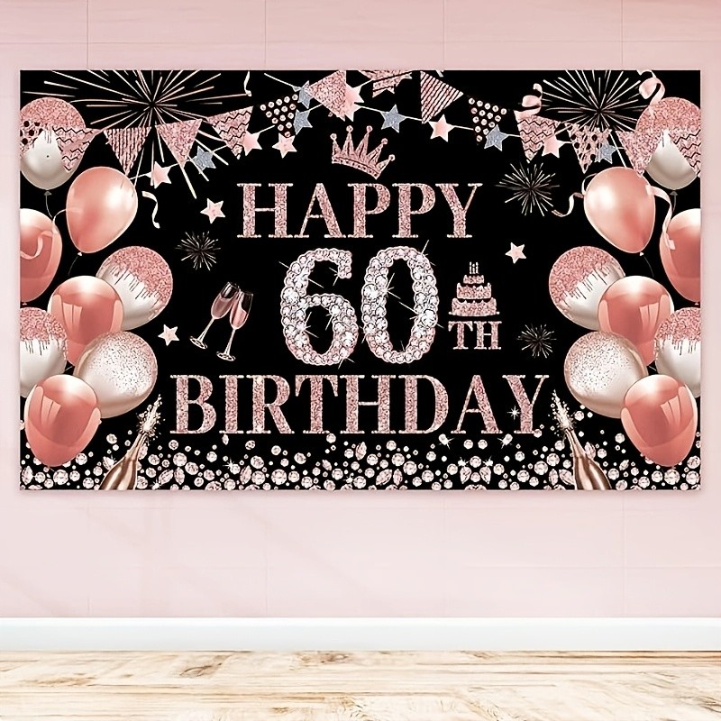 60th Rose Gold Birthday Party Background – Happy Birthday Rose Gold Balloons
