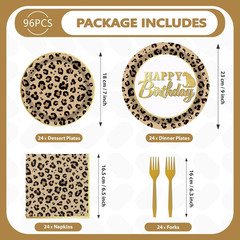 Cheetah Print Birthday Party Supplies – 96 Pcs for 24 Guests