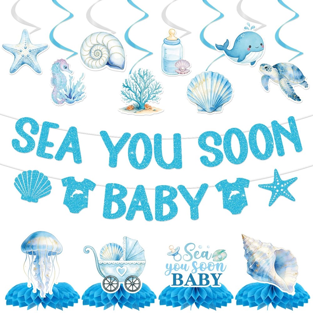 Under The Sea Party Decorations – 14 Pcs Sea You Soon Baby Shower Banner Hang…