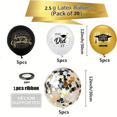 20 Graduation Party Balloons Decorations 12 Inch Black White Gold College Kids