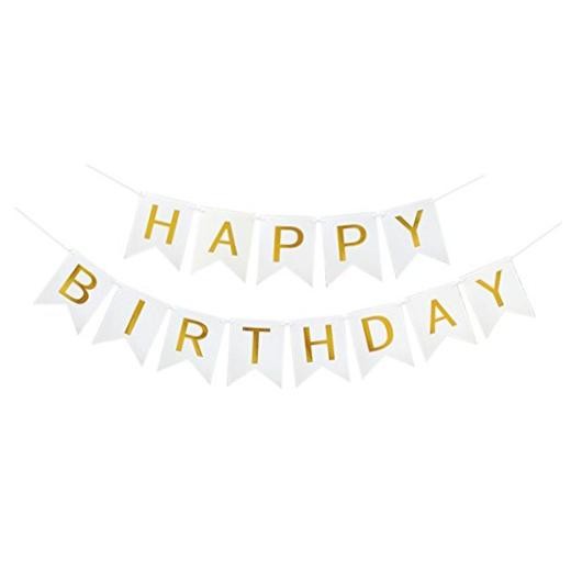 Happy Birthday Banner With Shiny Gold Letters, Swallowtail Design Hanging White