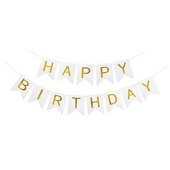 Happy Birthday Banner With Shiny Gold Letters, Swallowtail Design Hanging White