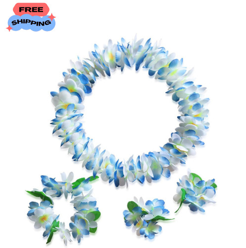 Blue Hawaiian Luau Party Lei Set Flower Necklace Headband Bracelets
