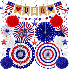 26 PCS 4Th of July Decorations, Red White Blue Paper Fans in Patriotic Designs