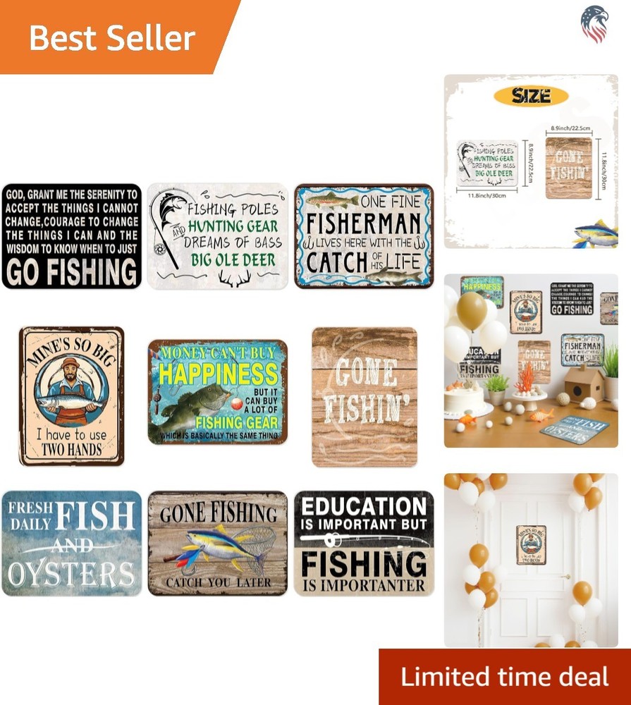 9PCS Fishing Party Decorations Wall Art for Boys Fish Theme Home Garden Yard