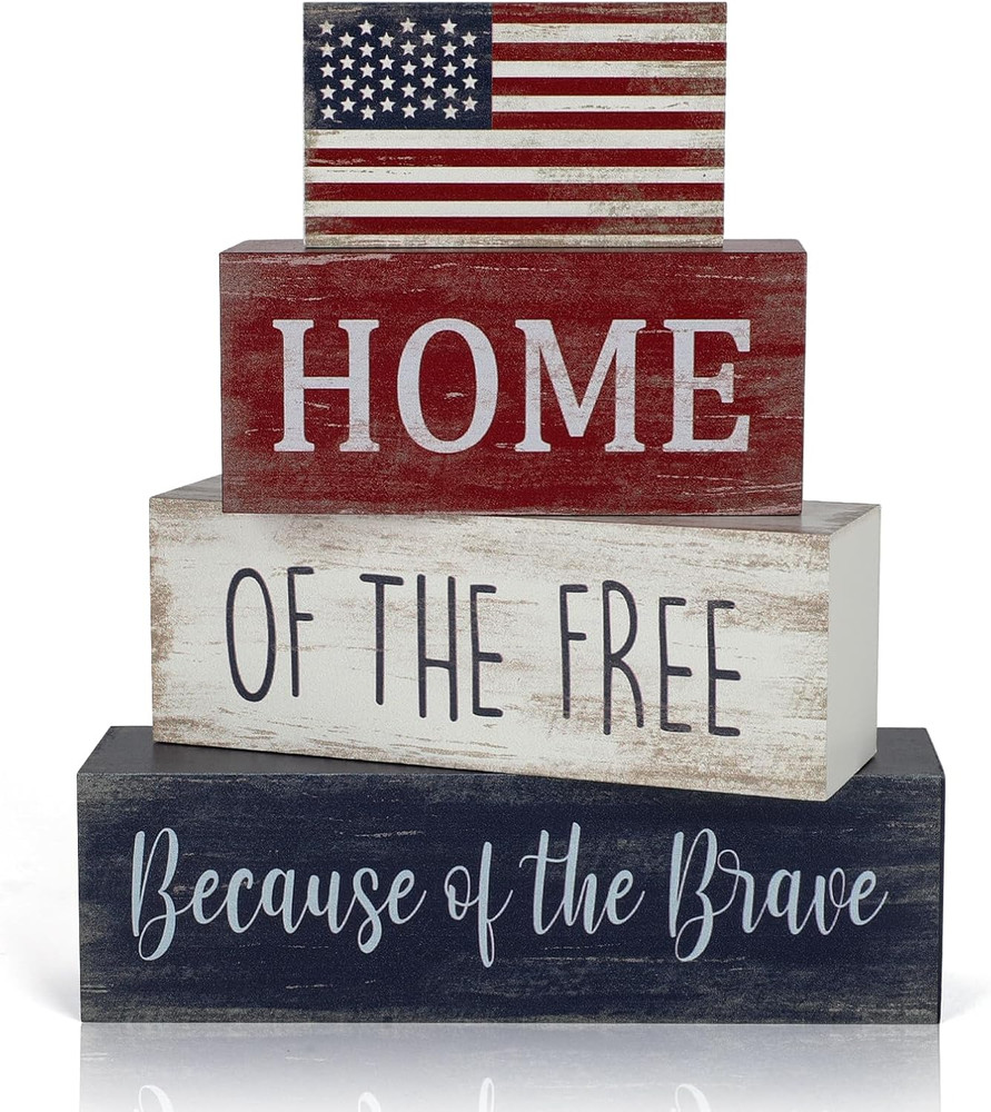 4Th of July Decorations, 4 Sets Patriotic Wooden Block Table Centerpieces, Red W