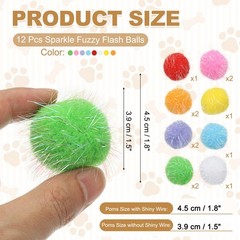 16 Pcs 1.8 Inch Sparkle Flash Balls Pet Cat Pom Pom Fuzzy Balls, 8 Colors