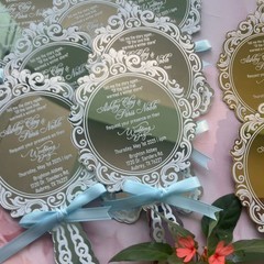White Ink Printed Quinceanera Gold Mirror Acrylic Invitation with Blue Envelopes