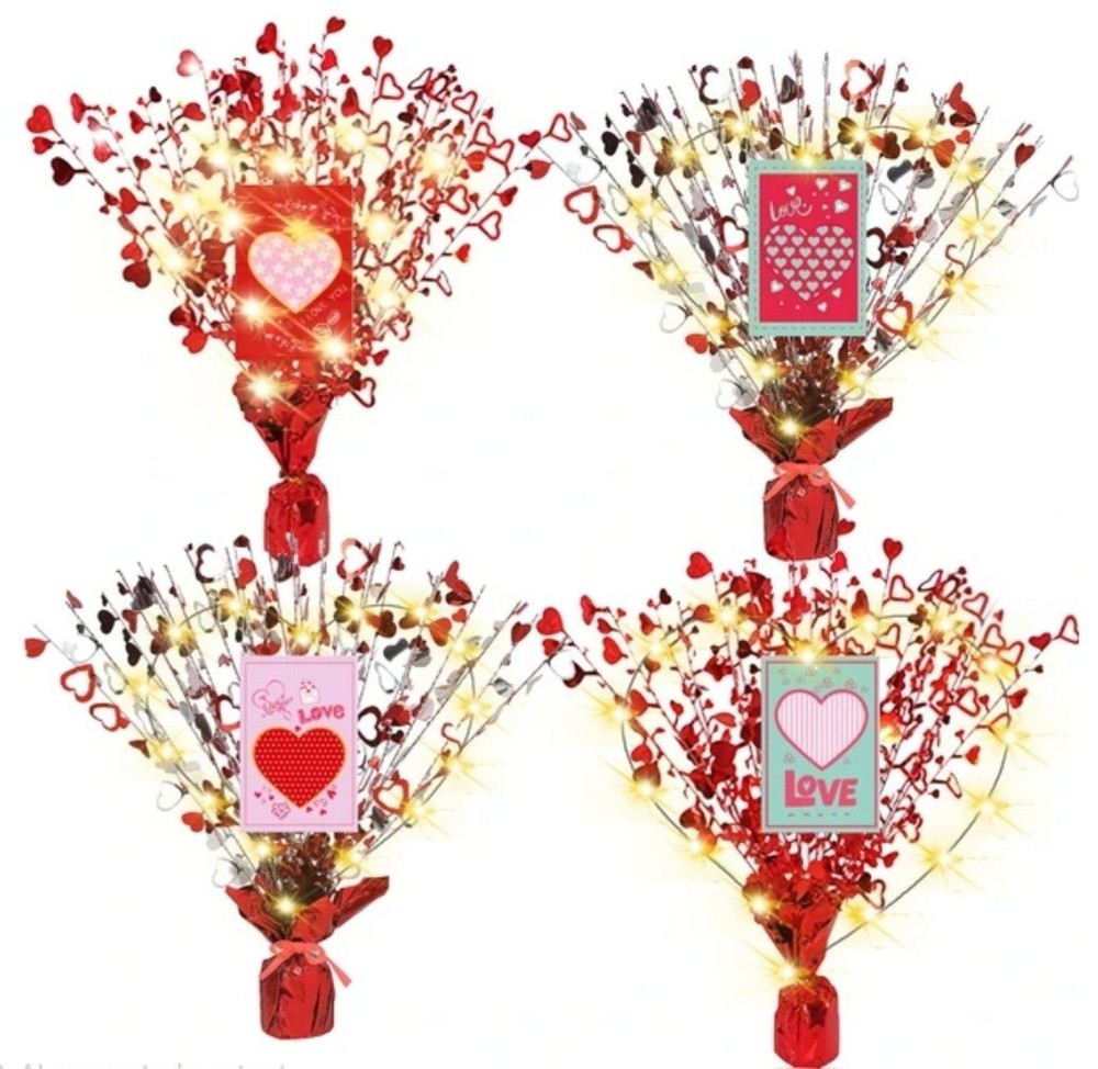 4 Pk Lighted Valentines Red Foil Burst Decorations Heart Tinsel Centerpieces