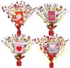 4 Pk Lighted Valentines Red Foil Burst Decorations Heart Tinsel Centerpieces