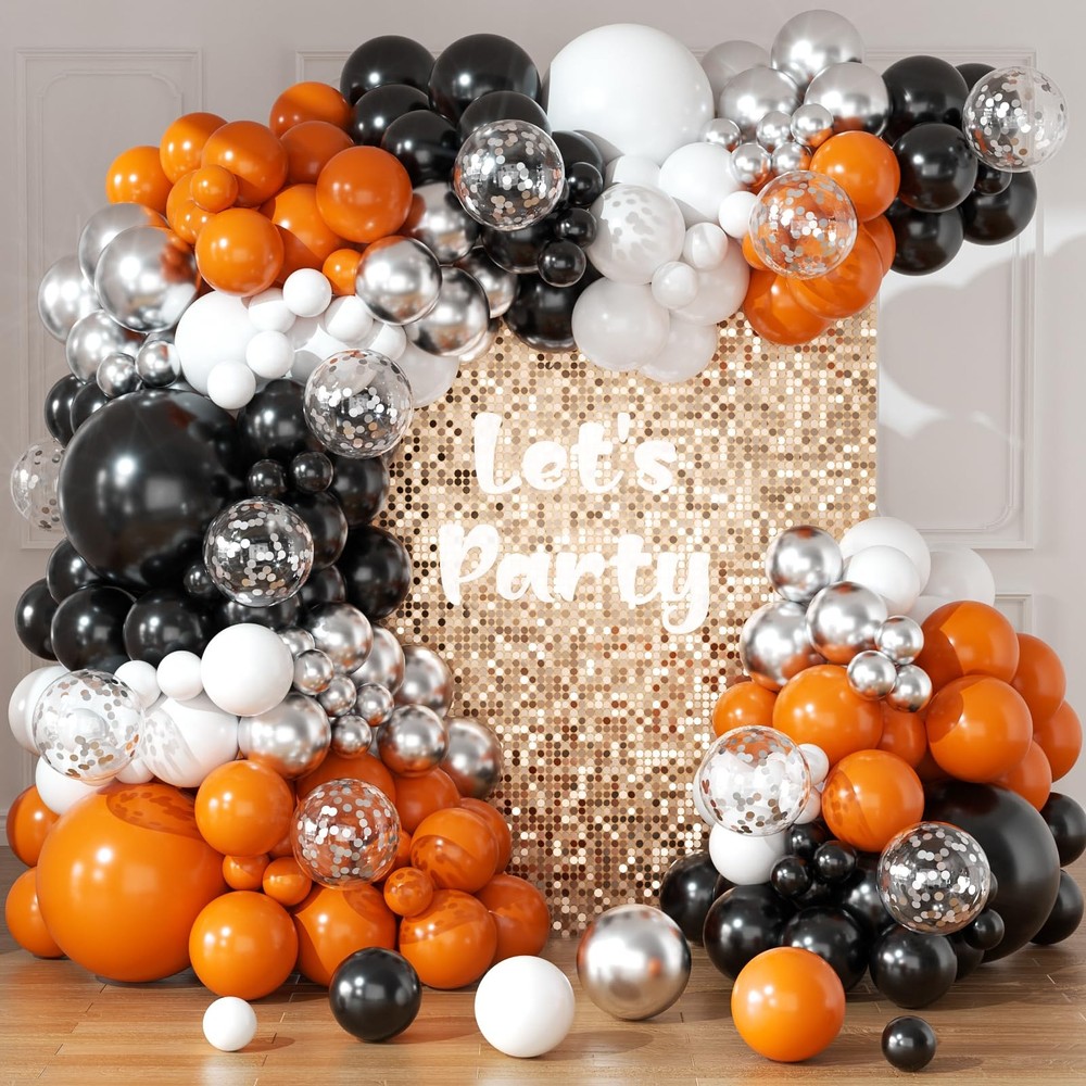 Orange and Black Balloons Arch Kit 164pcs Orange Black White and Chrome Silve…