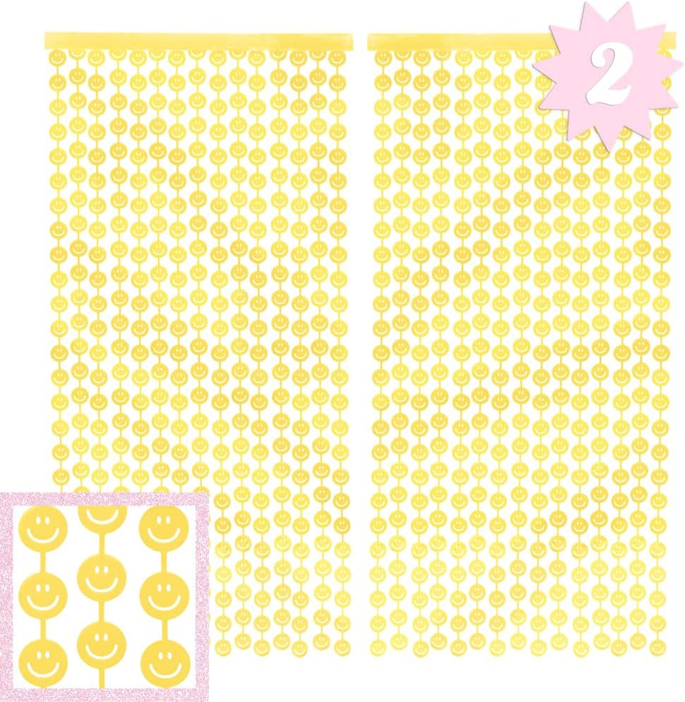 Pastel Smiley Foil Curtains – Set of 2 for Birthday, Bachelorette, Baby Shower