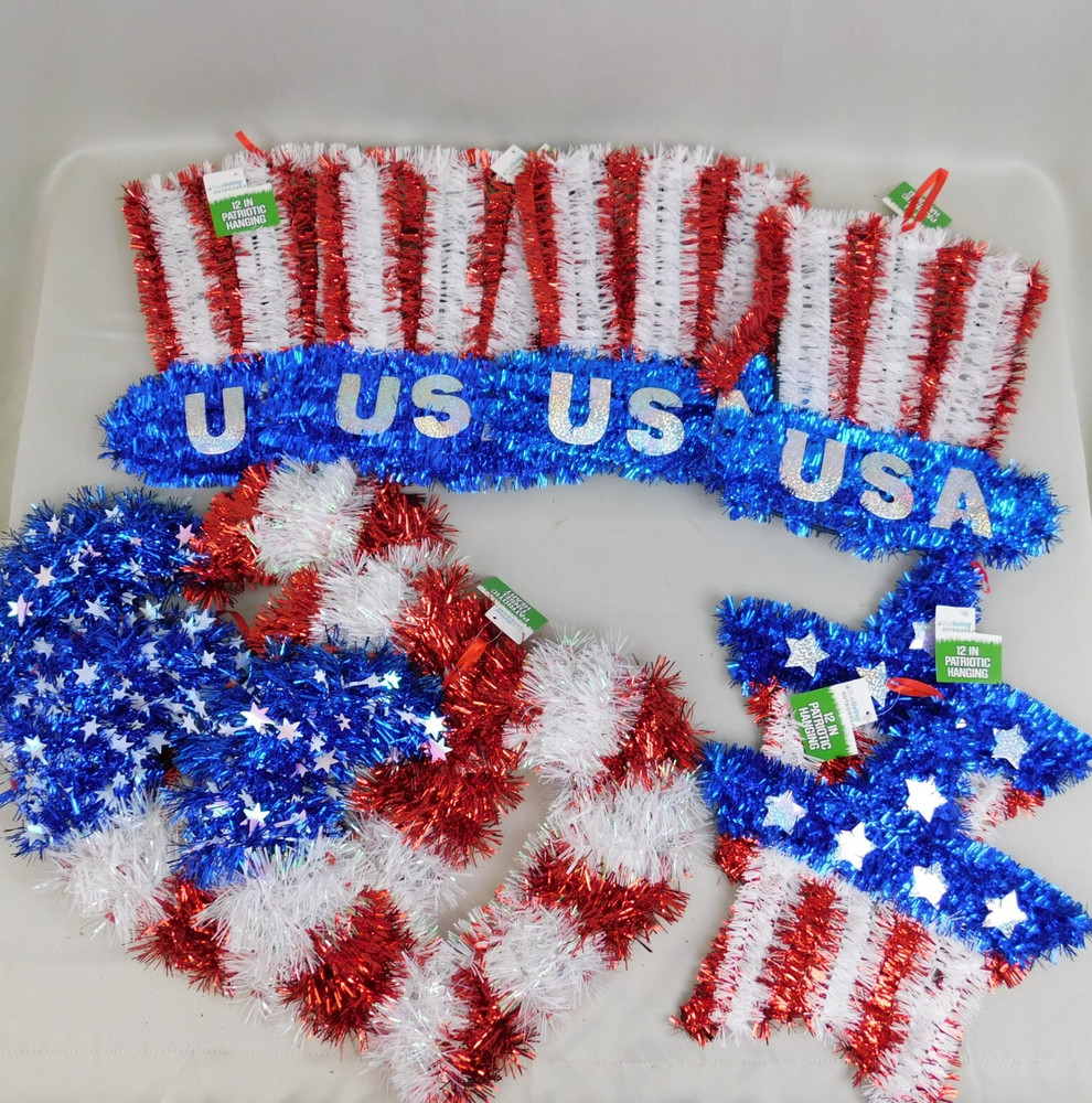 Lot Patriotic Hanging Tinsel Party Decor American Flag Hat Stars & Hearts #3219