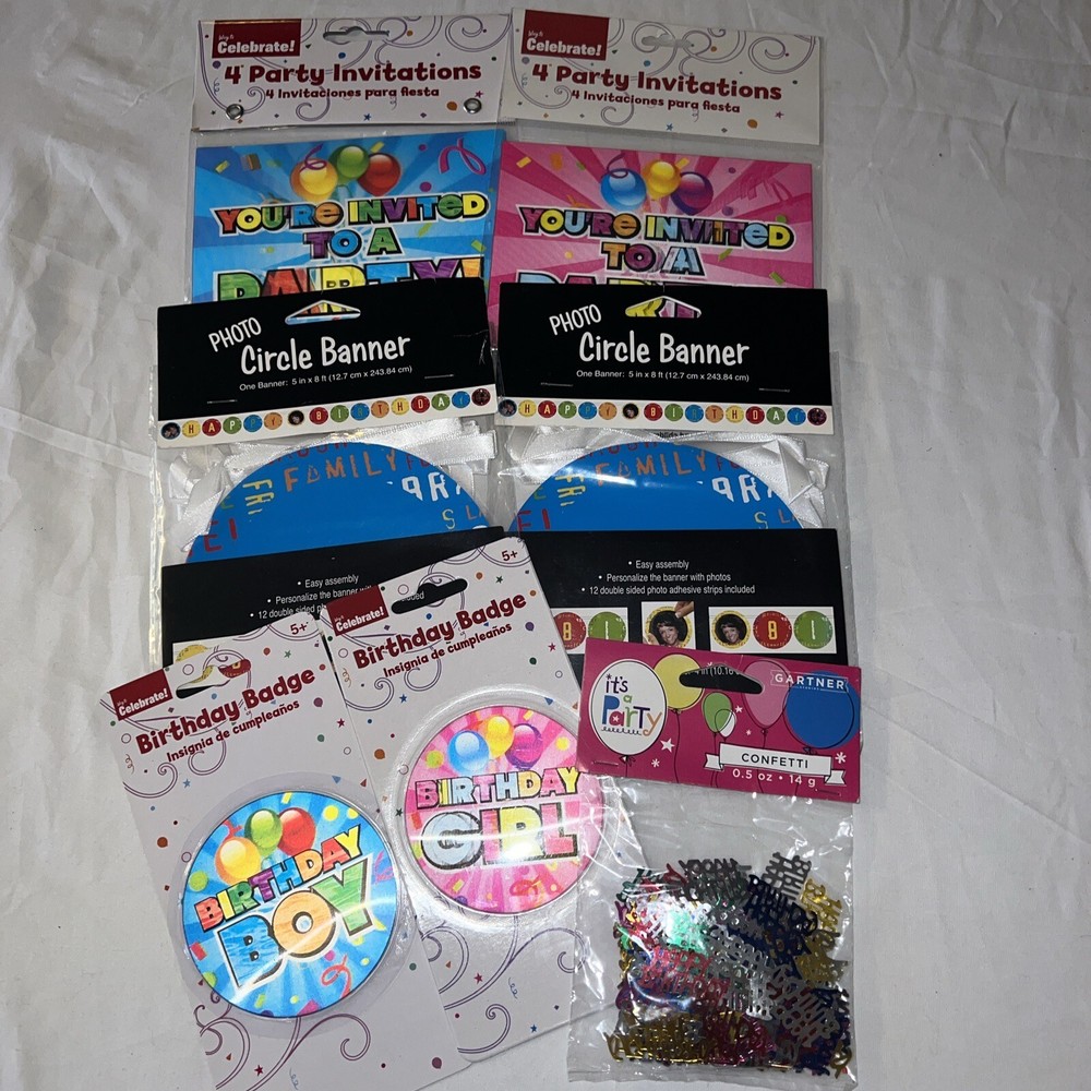Birthday Party 7pc Bundle – Invitations-￼ Banners-Confetti- Bday Badges