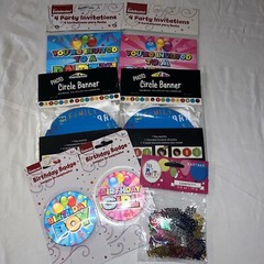 Birthday Party 7pc Bundle – Invitations-￼ Banners-Confetti- Bday Badges