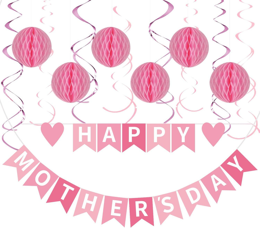 Happy Mothers Day Decorations Set – Pink Mothers Day Banner Sign Decor with 6 Ho