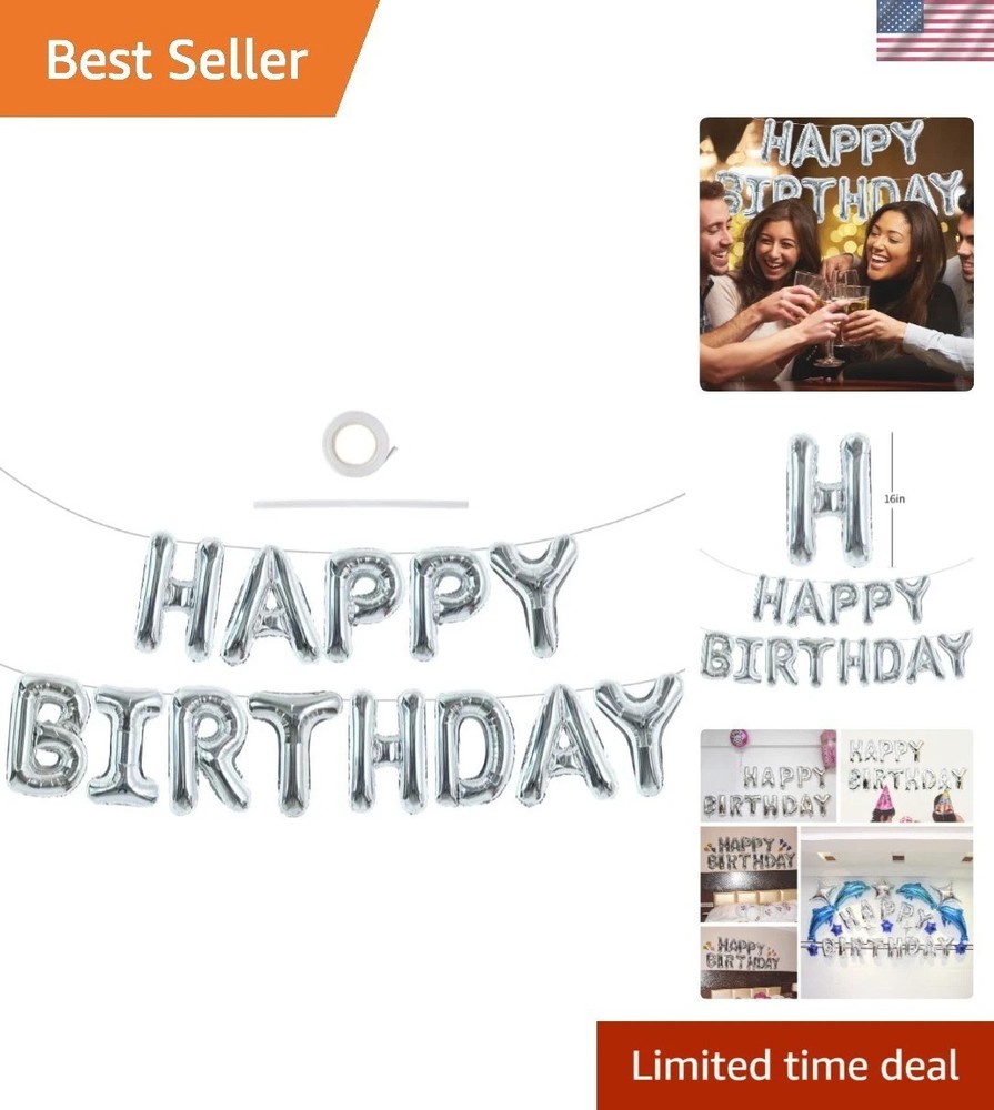 Reusable 16 Inch Silver Foil Happy Birthday Balloon Banner for Celebrations