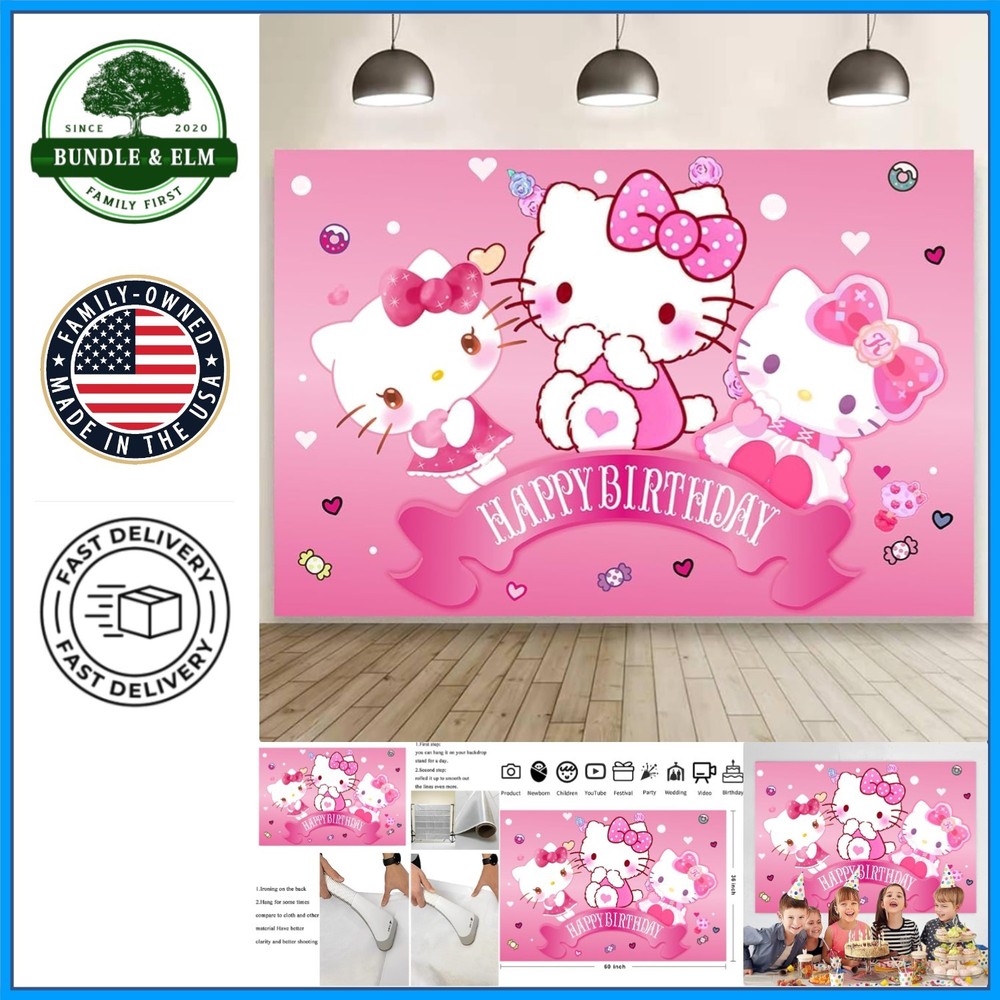 Durable Polyester Birthday Banner, 5x3ft Kawaii Cat Backdrop for Celebrations