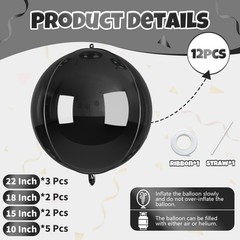 12 Pcs Black Foil Balloons, 22″ 15″ 10″ 4D Round Shape Balloons, Different Si…