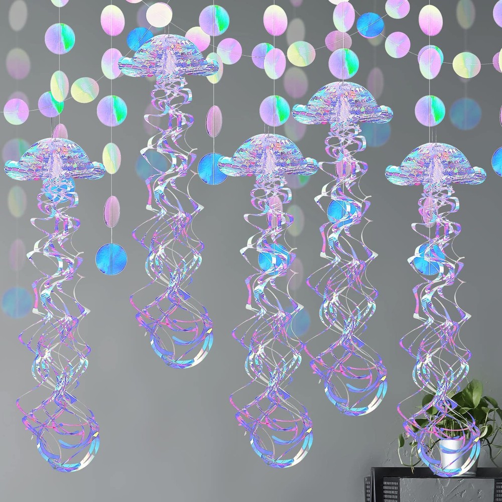 10 Pcs Glitter Iridescent Jellyfish Hanging for Under The Sea Party Decorations