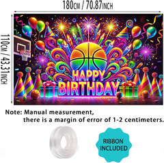 Happy Birthday Banner Neon Basketball – Sports Party Backdrop, 71X43 Inch Glow Y