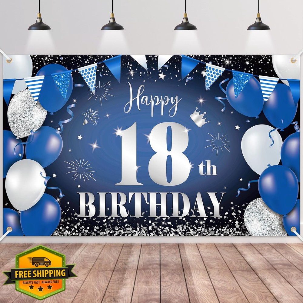 BTZO Happy 18th Birthday Navy Blue Black Silver Banner