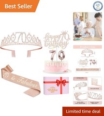 Rose Gold 70th Birthday Essentials: Sash, Crown, Candles for Unforgettable Party