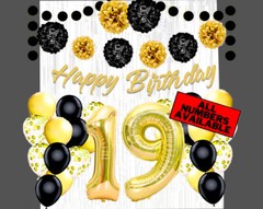 Gold & Black 19th Birthday Decorations – 40″ Number Balloons & More -Boy or Girl
