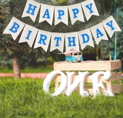 Blue Happy Birthday Banner, Assembled Burlap Happy Birthday Sign for Birthday