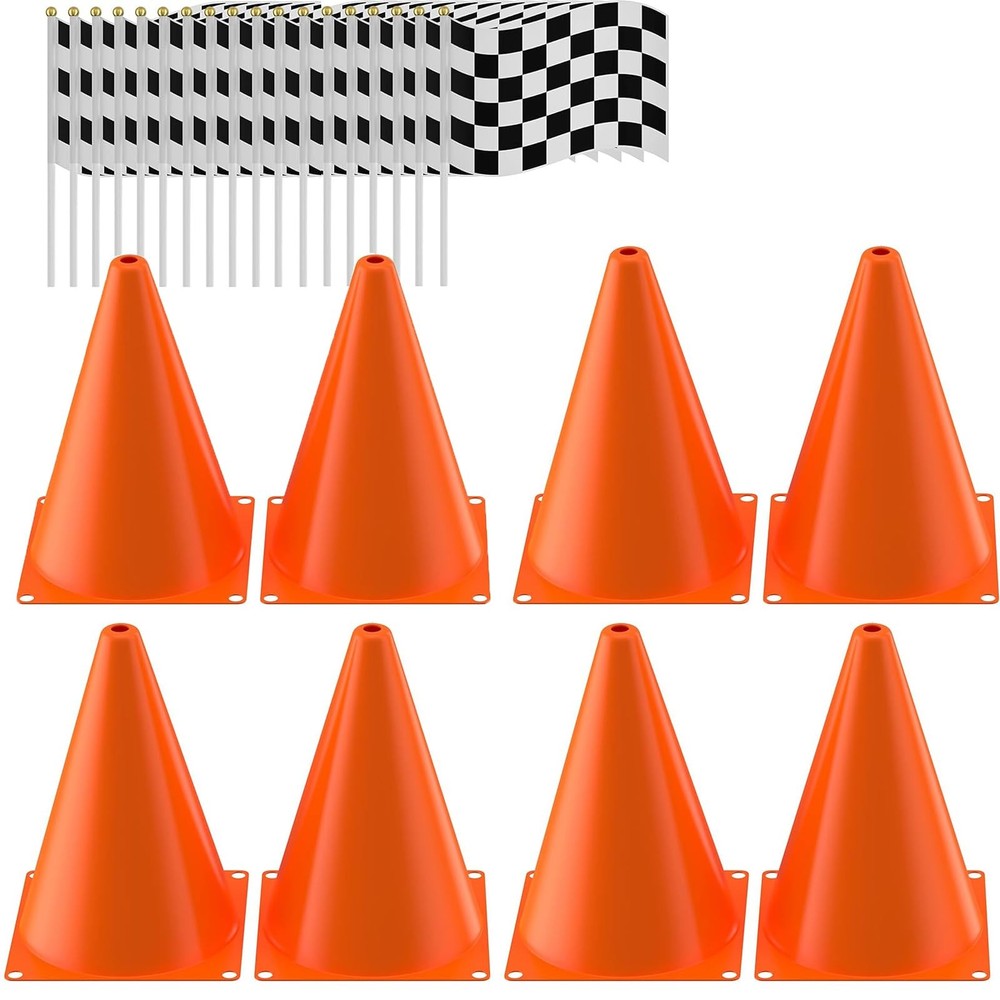 Traffic Cones with Racing Checkered Flags-8 Traffic Cones With Hole on Top, 1…
