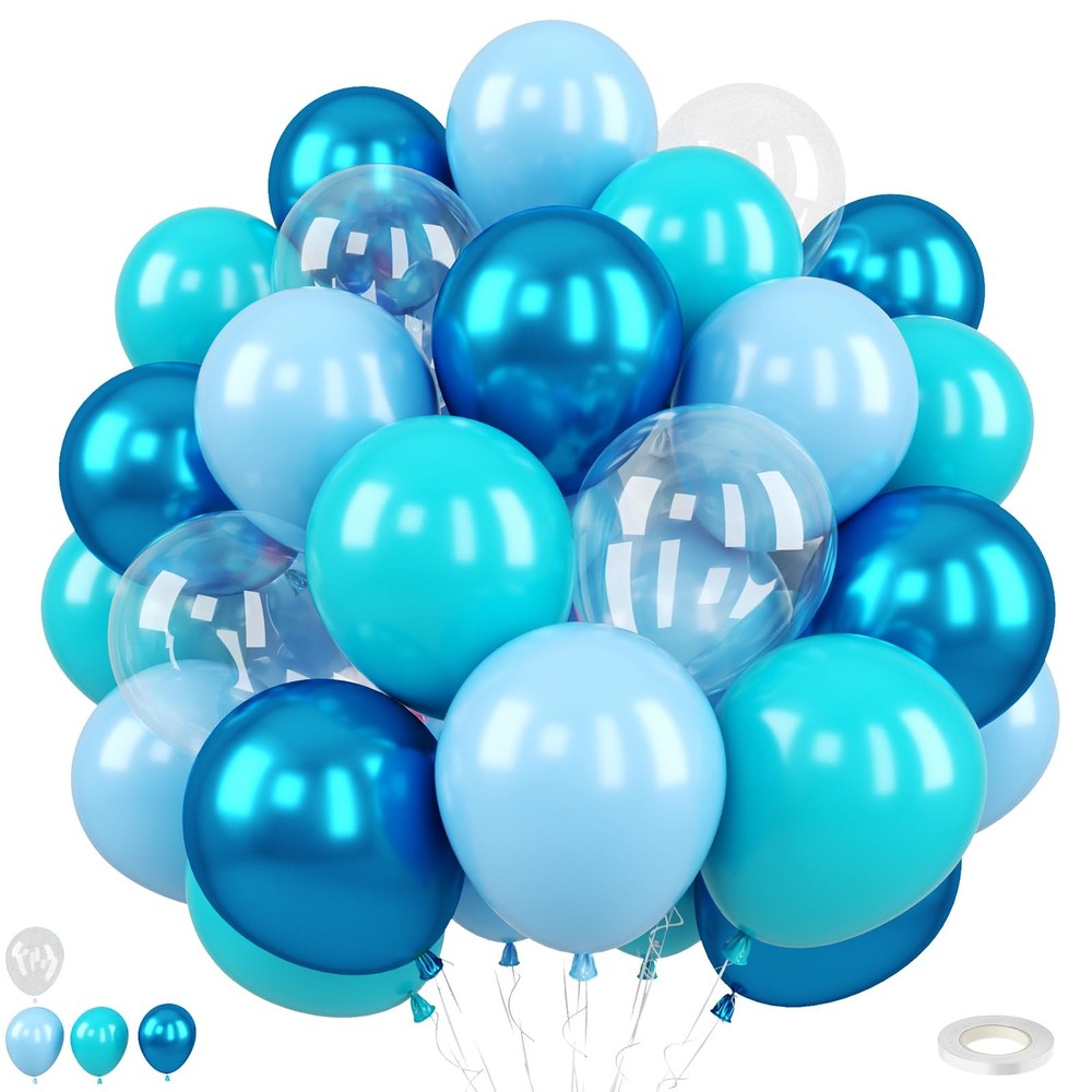 Ocean Balloons, 50PCS 12 Inch Metallic Blue Teal Macaron Blue Clear Latex Bal…