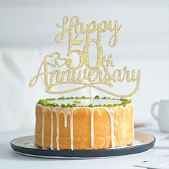 golden Glitter Happy 50th Anniversary Cake Toppers -Wedding 50th Gold