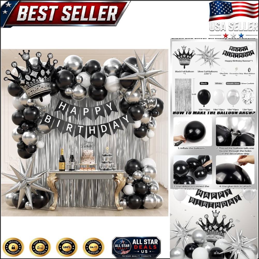 Black Birthday Decorations for Men with White and silver Black, Silver